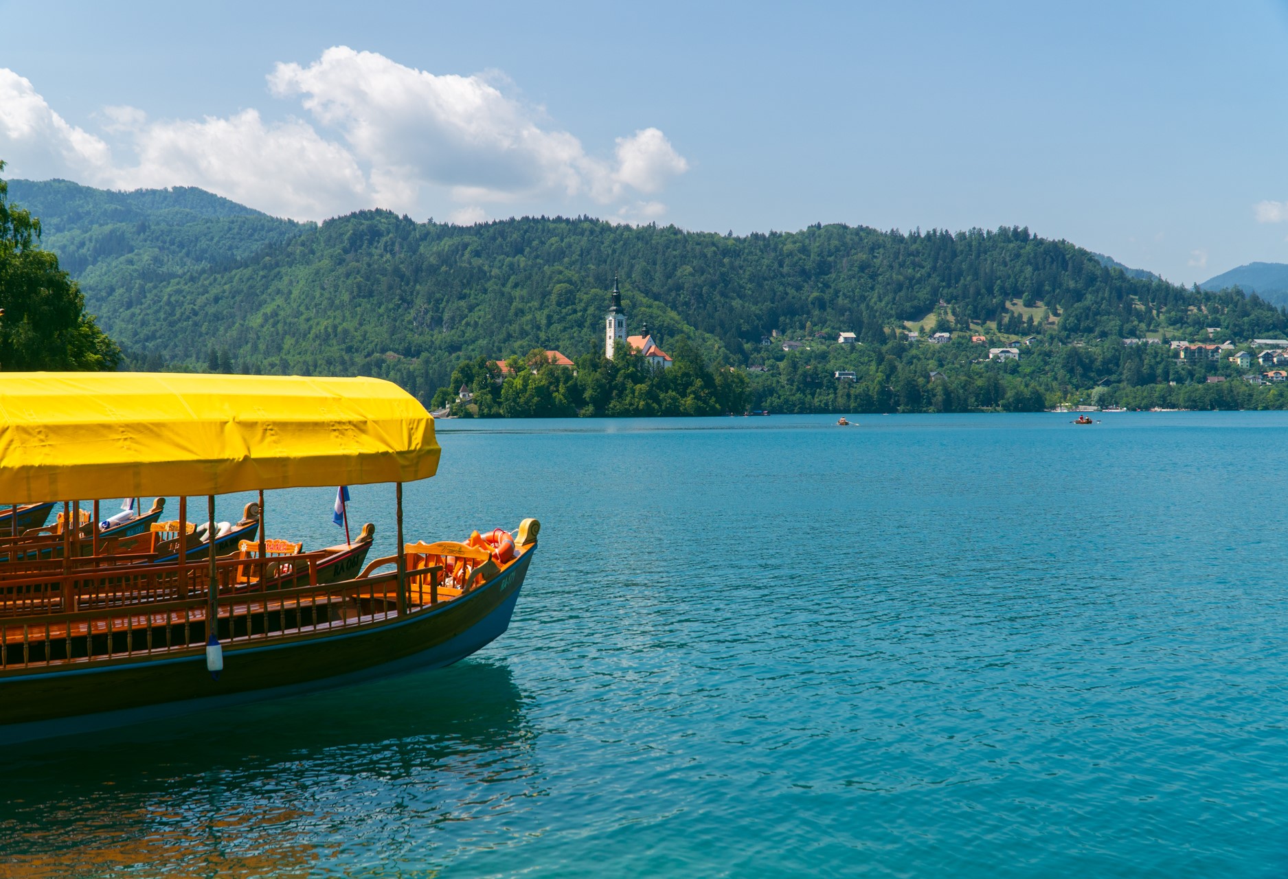 Płaskodenne łodzie nad jeziorem | Jezioro Bled