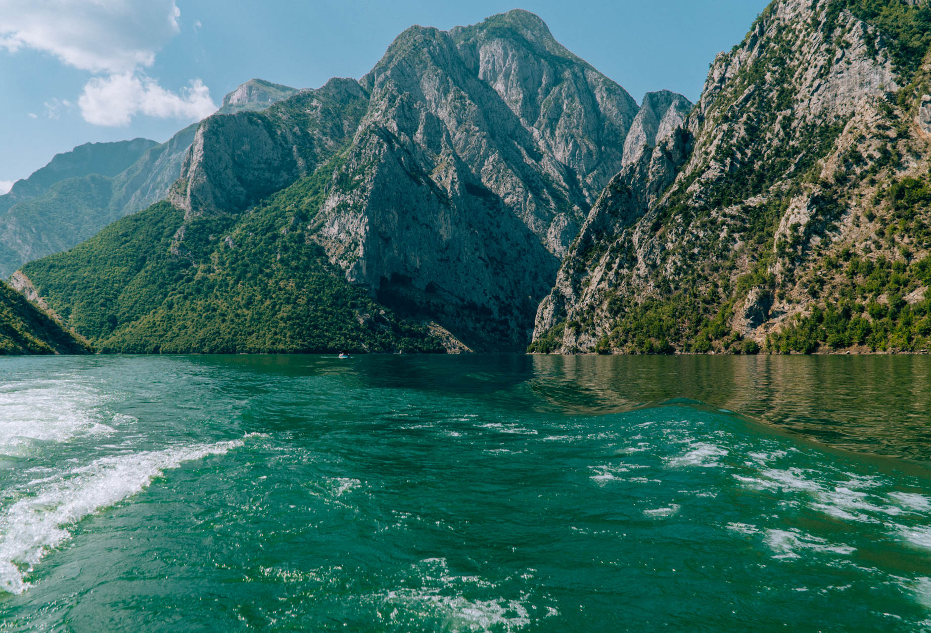 Soczyta zieleń wody w Jeziorze Koman | Najciekawsze atrakcje Albanii
